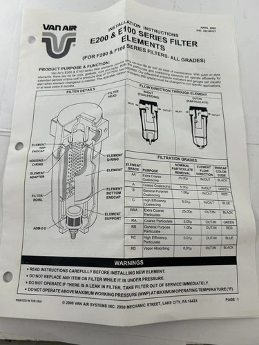 Van Air Systems E200-100-ARA Coalescing Filter Element — product image 4 of 5