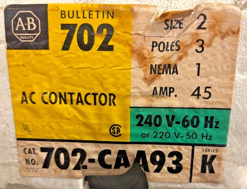 Allen Bradley Bulletin 702 NEMA 1 Enclosure for Size 2 AC Contactor