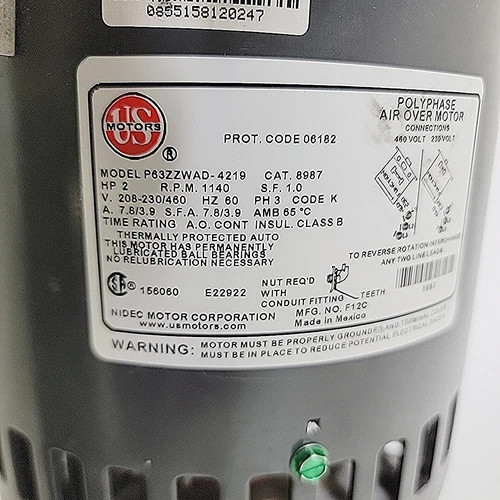 US Motors Polyphase Air Over Motor P63ZZWAD-4219, 2 HP, 1140 RPM — product image 4 of 5