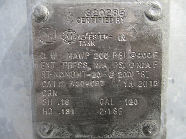 Manchester Tank Vertical Air Receiver Tank, 120 Gallon, 200 PSI — product image 6 of 7