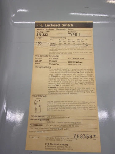 ITE Vacu-Break Heavy Duty Enclosed Safety Switch SN323, 100A 240V Fusible — product image 3 of 9
