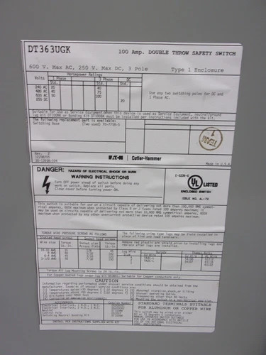 Eaton Cutler-Hammer DT363UGK Heavy Duty Double Throw Safety Switch 100A 600V 3P NEMA 1 — product image 5 of 7