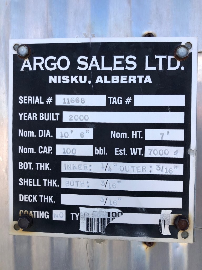 100 BBL Argo Sales Double Wall Storage Tank – 2000 (Ser# 11668) — product image 6 of 6