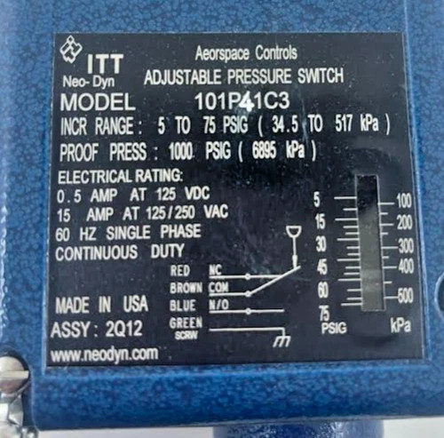 ITT Neo-Dyn Adjustable Pressure Switch 101P41C3 5-75 PSIG — product image 2 of 6