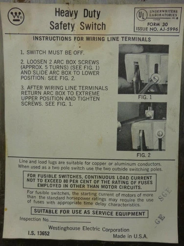 Westinghouse WHF-322 Heavy Duty Safety Switch 60A 3P Fusible 240V NEMA 12 Stainless Steel — product image 5 of 10