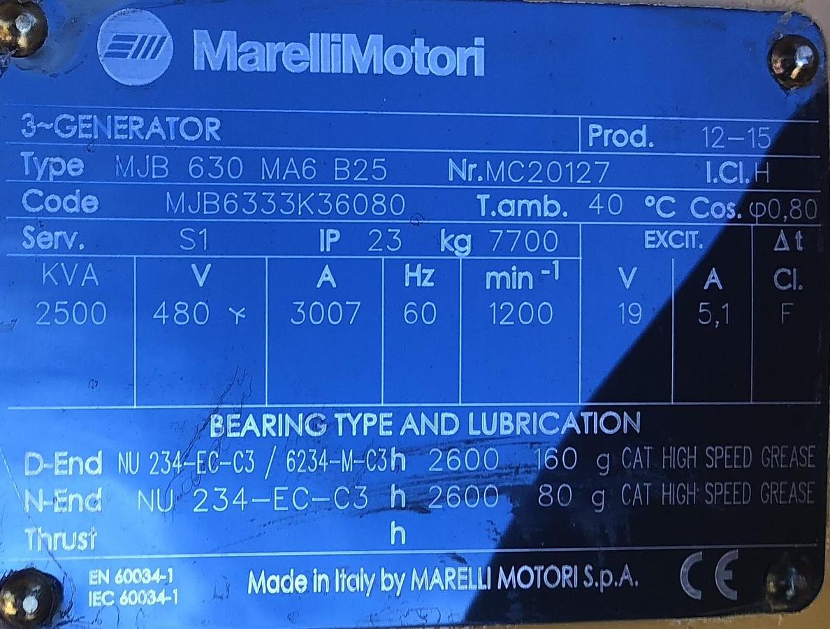 Marelli Motori MJB 630 MA6 B25 2500 kVA Generator End — product image 2 of 5