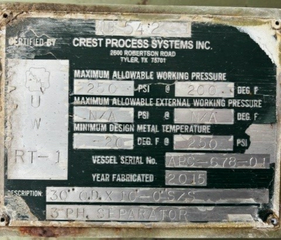 Crest Process Systems 30" x 10' 3-Phase Separator APC-678-01 — product image 11 of 13