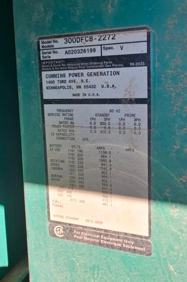 Cummins 300DQAF-2054 Diesel Generator Set — product image 2 of 5