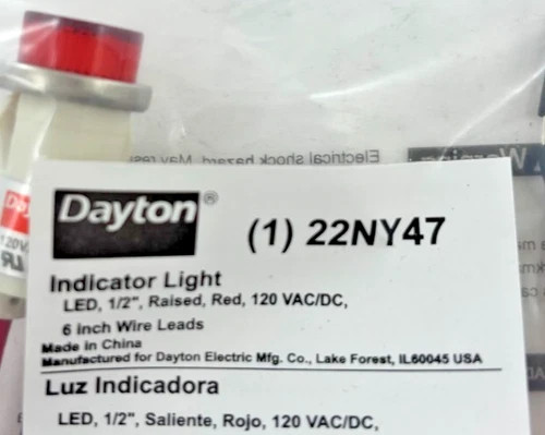 Dayton 22NY47 LED Indicator Light 1/2" Raised Red 120VAC/DC 6 Inch Wire Leads