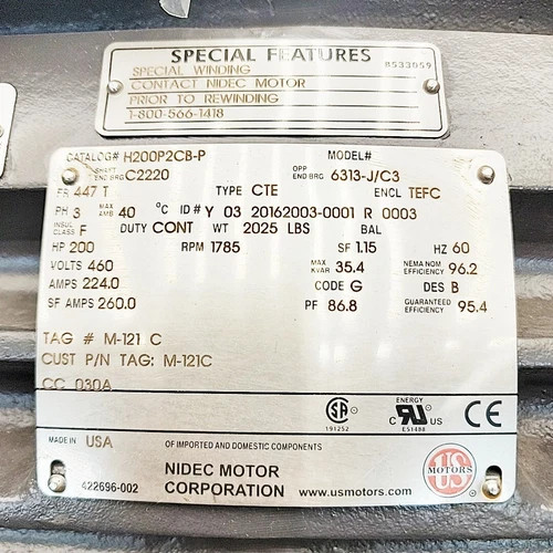 Nidec US Motors Hostile Duty NEMA Premium 200 HP Electric Motor - Model 6313-J/C3 — product image 2 of 6