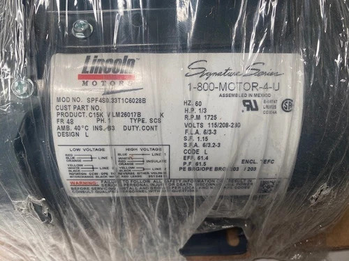 Lincoln Motors SPF4S0.33T1C6028B 1/3 HP Single-Phase AC Electric Motor — product image 4 of 8