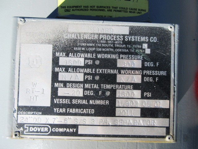 Challenger Process Systems 24" x 7'6" 3-Phase Horizontal Separator NB 1489 — product image 7 of 8