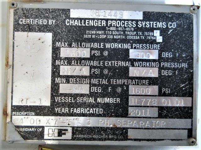 Challenger Process Systems 10" OD x 7'-4" S/S Horizontal 3-Phase Separator — product image 11 of 12