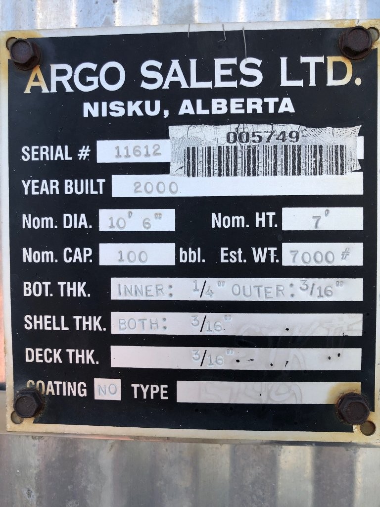 100 BBL Argo Sales Double Wall Storage Tank – 2000 (Ser# 11612) — product image 6 of 6