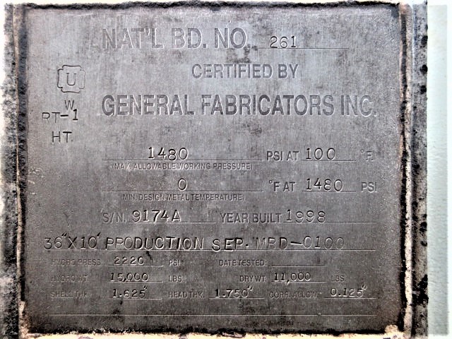 General Fabricators MFD-0100 36x10 Horizontal 3-Phase Production Separator — product image 5 of 10