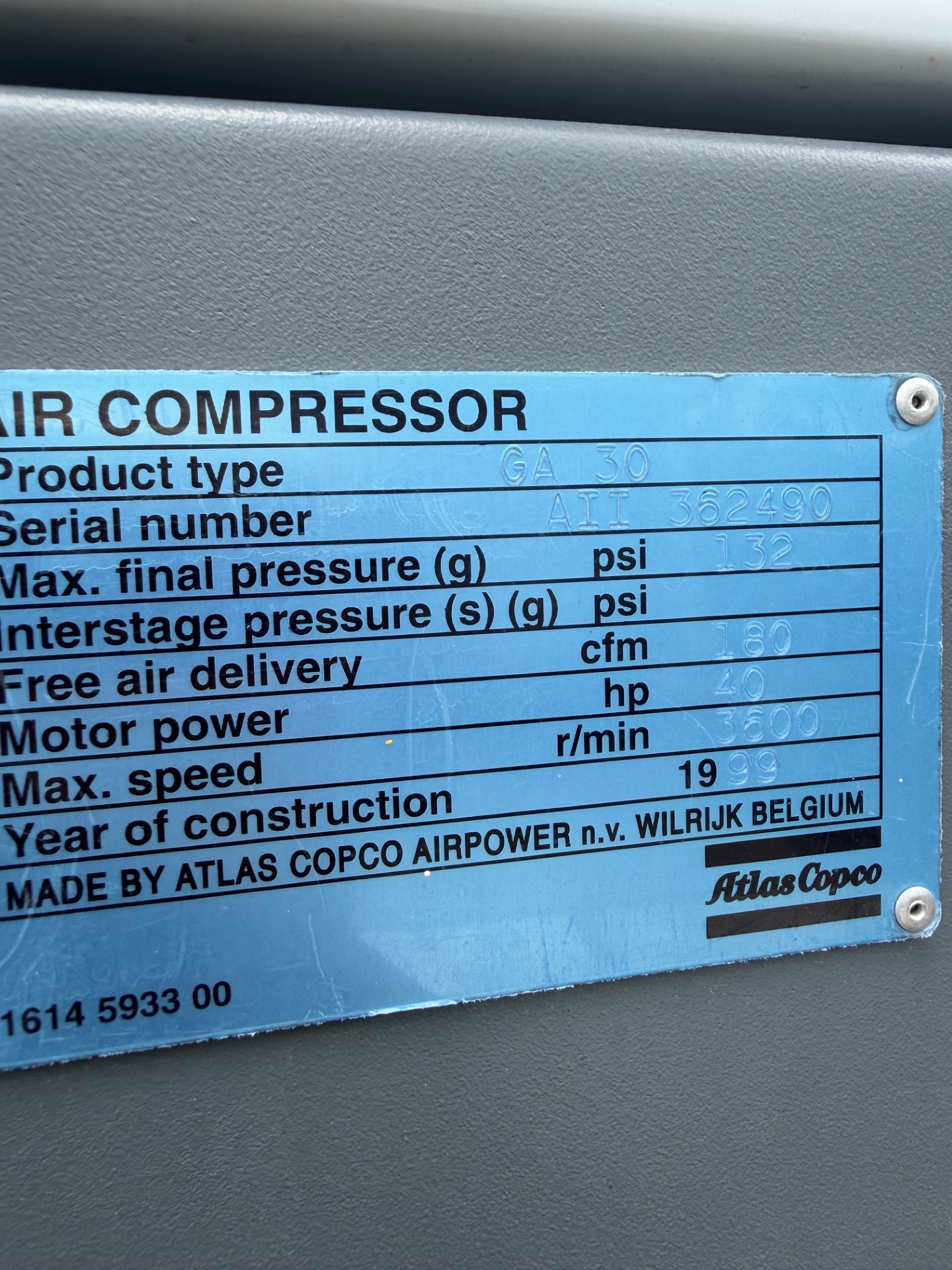 Atlas Copco GA30 40 HP Rotary Screw Air Compressor — product image 3 of 5