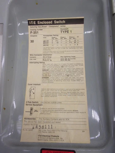 ITE F351 Heavy Duty Fusible Safety Switch, 30A, 600V, 3-Pole, NEMA 1 — product image 3 of 8