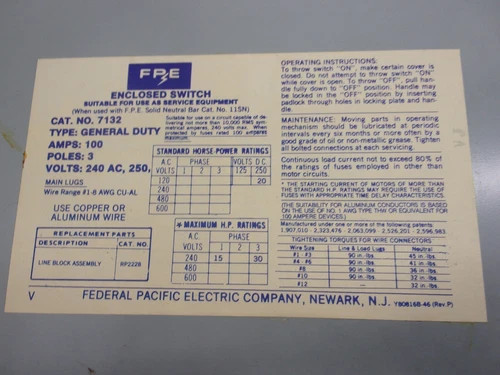 Federal Pacific Electric 7132 Safety Switch, 3P, Non-Fusible, 100A, 240V, NEMA 1 — product image 3 of 9