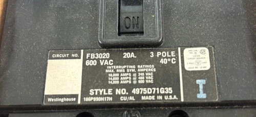Westinghouse FB3020 3-Pole 20A 600VAC Thermal Magnetic Circuit Breaker — product image 3 of 3