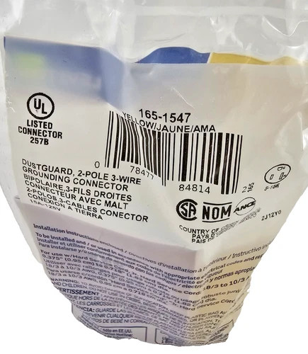Leviton 1547 Dustguard Grounding Connector, 15A 125V, 2-Pole 3-Wire, Female, Yellow - Box of 10 — product image 2 of 3