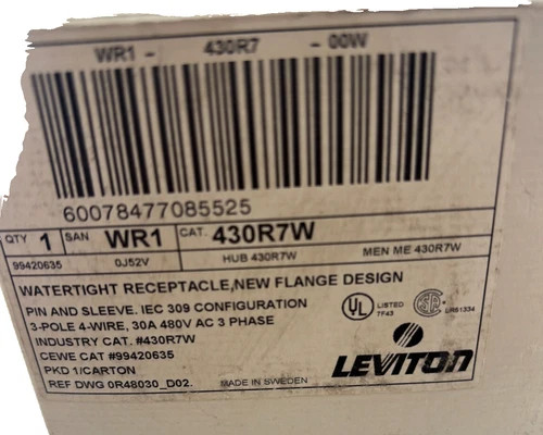 Leviton 430R7W Watertight Pin and Sleeve Receptacle, 30A 480V 3P4W — primary product image