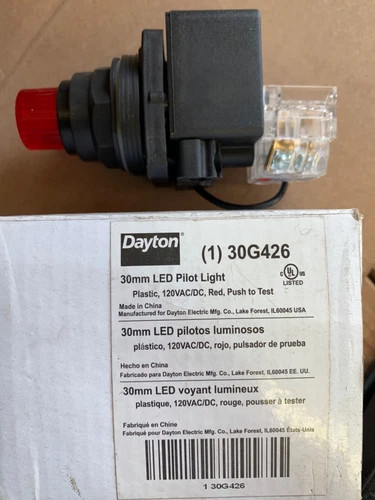 Dayton 30G426 30mm LED Pilot Light Plastic Red Push to Test 120VAC/DC — primary product image