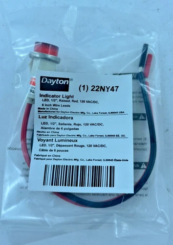 Dayton 22NY47 LED Indicator Light 1/2" Raised Red 120VAC/DC 6 Inch Wire Leads — product image 2 of 3