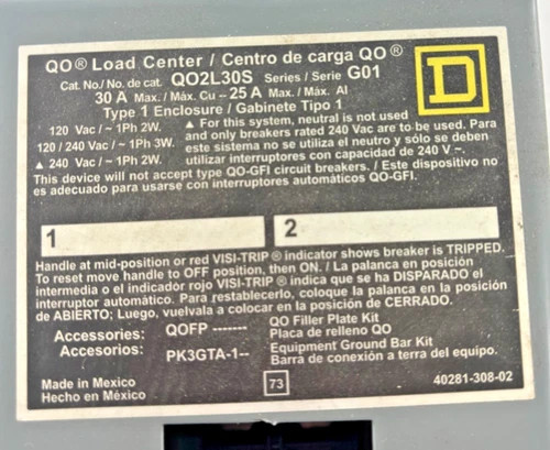Square D QO2L30S Load Center, 30A, 2-Space, Type 1 Enclosure — product image 4 of 4
