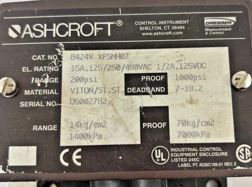 Ashcroft B424V XFSNH07 Pressure Switch, 0-200 PSI — product image 6 of 7