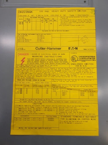 Cutler-Hammer DH223NGK Heavy Duty Safety Switch, 100A, 240V, Fusible, NEMA 1 — product image 2 of 8