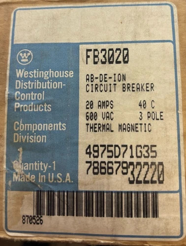 Westinghouse FB3020 3-Pole 20A 600VAC Thermal Magnetic Circuit Breaker — primary product image