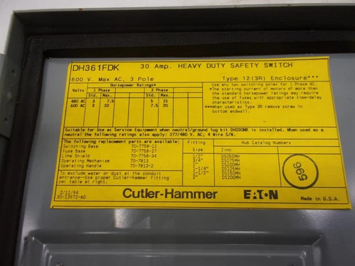 Cutler-Hammer DH361FDK Heavy Duty Safety Switch, 30A, 600V, 3-Pole, Fusible, NEMA 12/3R — product image 2 of 9