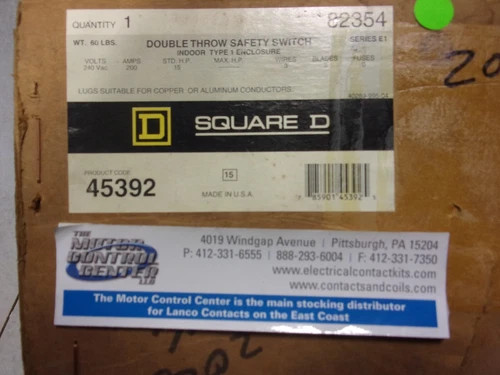 Square D Double Throw Safety Switch 45392, 200A, 240V, NEMA 1