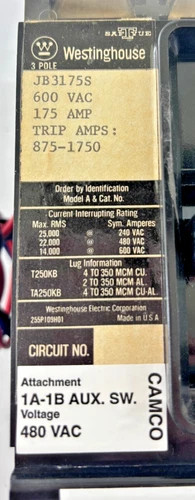 Westinghouse JB3175S 175A 600V 3-Pole Molded Case Circuit Breaker with Shunt Trip — product image 2 of 5