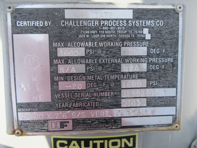 Challenger Process Systems Vertical Separator 24" OD x 7'6" S/S — product image 7 of 8