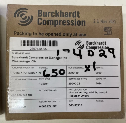 Burckhardt Compression Oil Scraper Ring 164504 for Sulzer LW200 Compressor, Type 2D200-2E — primary product image