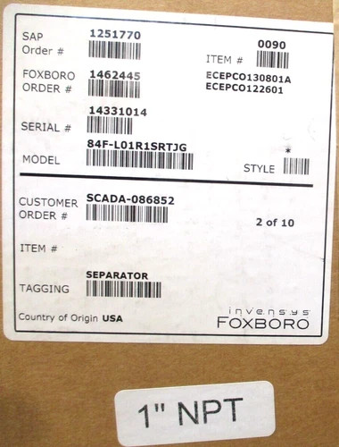 Foxboro 84F-L01R1SRTJG 1" MNPT Stainless Steel Vortex Flowmeter — product image 12 of 13