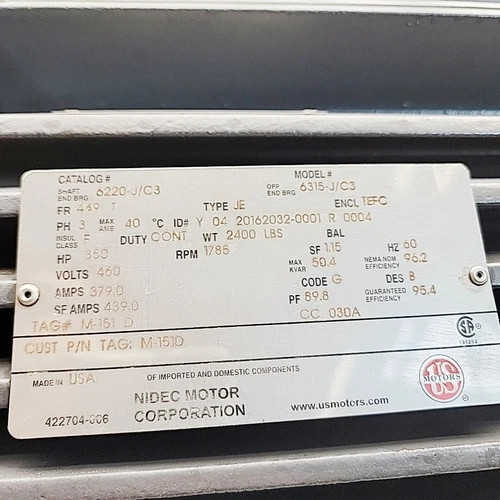 US Motors 6220-J/C3 TEFC 350 HP 3-Phase Electric Motor — product image 2 of 3