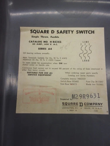 Square D H86342 Fusible Heavy Duty Safety Switch, 60A, 600V, 3-Pole, NEMA 1 — product image 2 of 8