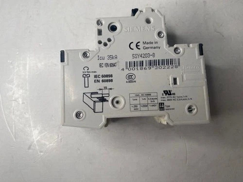Siemens 5SY4203-8 Miniature Circuit Breaker 2-Pole 3A D-Curve — product image 2 of 3