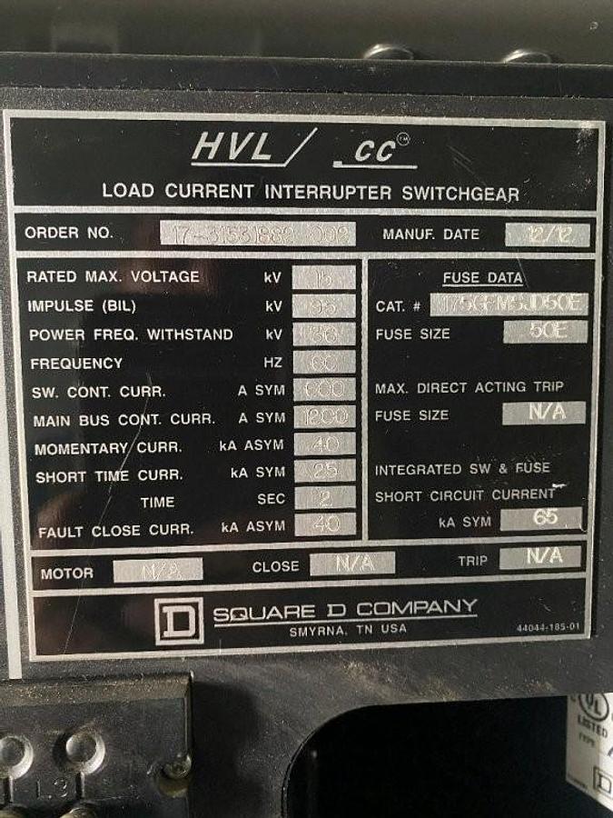 Square D HVL/cc 15kV Load Current Interrupter Switchgear Lineup for 28MVA Power Generation — product image 2 of 5