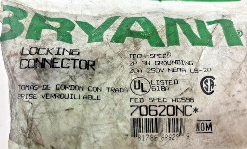 Hubbell Bryant Locking Connector 70620NC 20A 250V NEMA L6-20 — product image 2 of 4