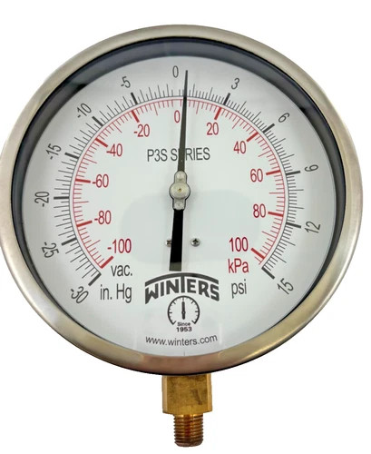 Winters P3S Series Pressure Gauge P3S6076, 6" Dial, 1/4" NPT Bottom Connection, -30 inHg to 100 psi/kPa