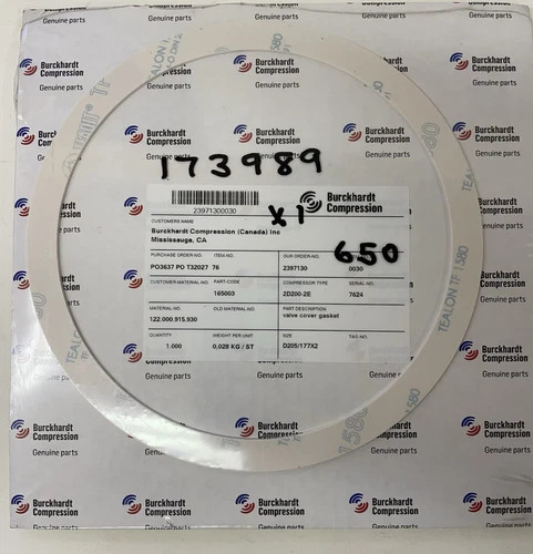Burckhardt Compression Valve Cover Gasket 165003 for Sulzer 2D200-2E Compressor