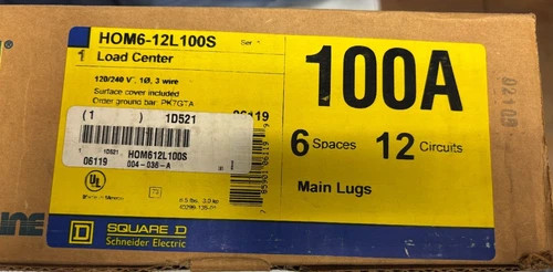 Square D Homeline Load Center HOM612L100S, 100A, 6 Spaces, 12 Circuits