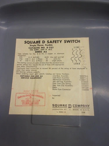 Square D D323 Fusible Safety Switch, 100A, 240V, 3-Pole, NEMA 1 — product image 2 of 8