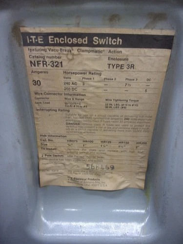 ITE NFR321 General Duty Enclosed Switch 30A 240V 3P Non-Fusible NEMA 3R — product image 3 of 8