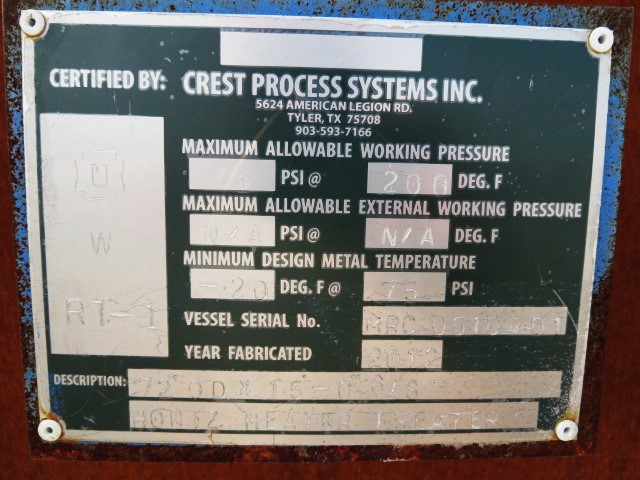 Crest Process Systems Horizontal Heater Treater 6' x 15' — product image 7 of 8
