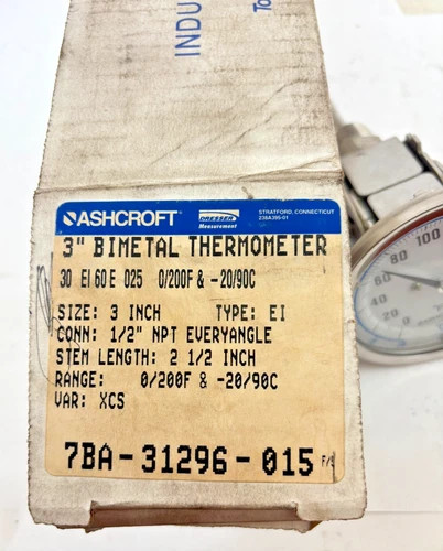 Ashcroft 3" EI Series Bimetal Thermometer 30EI60E025 with 0-200°F / -20-90°C Range — product image 3 of 6