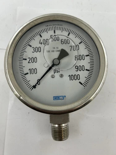 WIKA Type 233.53 4" Liquid-Filled Industrial Pressure Gauge, 0-1000 psi, 1/2" NPT Lower Mount — primary product image